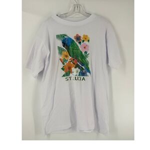 St Lucia Parrot Tropical‎ Floral Graphic T Shirt Women Large White Cotton